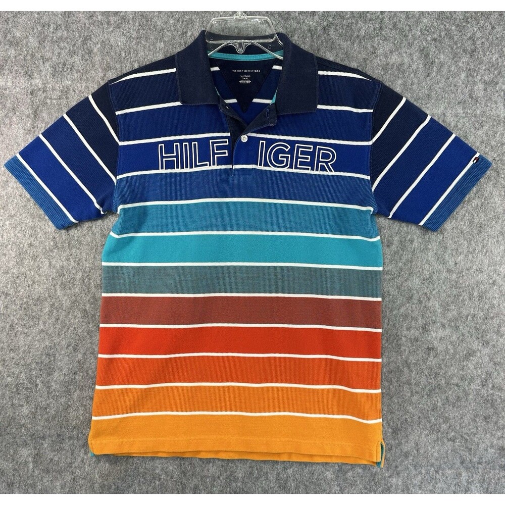 TOMMY HILFIGER Shirt Youth Extra Large Polo Striped Ombre Short Sleeve Cotton